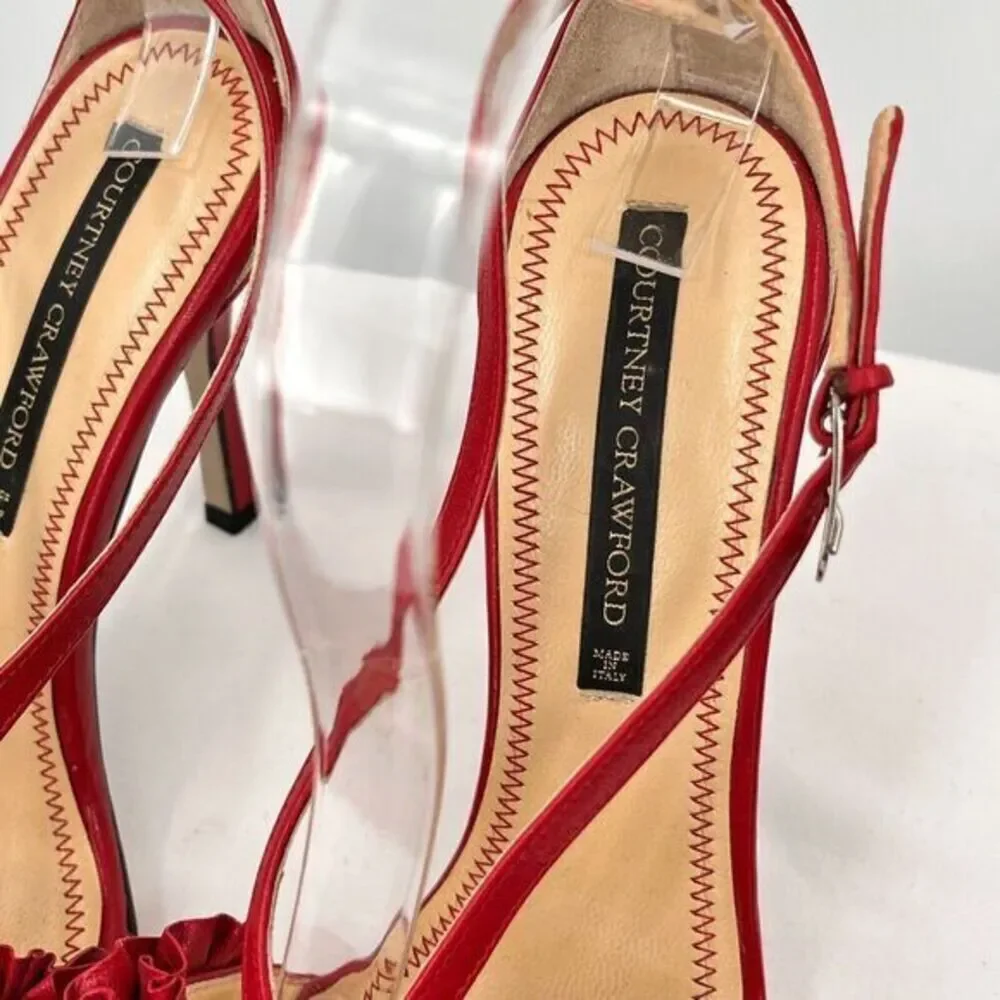 Courtney‎ Crawford Ruffle Leather Strappy Heels Sandals Red 38.5 (8) Made Italy